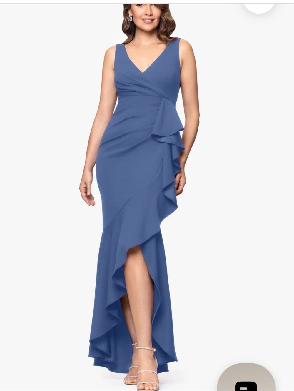 Betsy & Adam Blue Ruffle Gown Size 18W Formal Evening Dress V-Neck Sleeveless